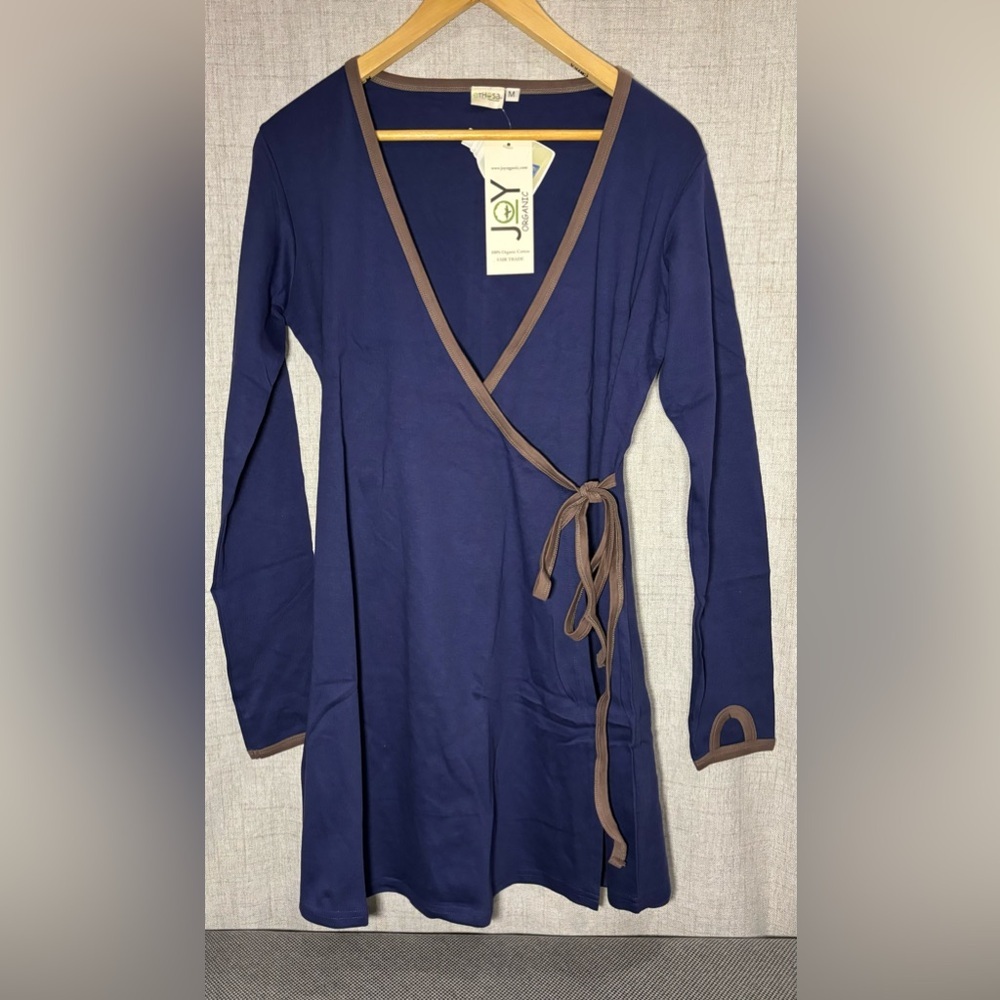 JOY ORGANIC blue & brown 100% organic cotton tunic top wrap dress. Long sleeve.